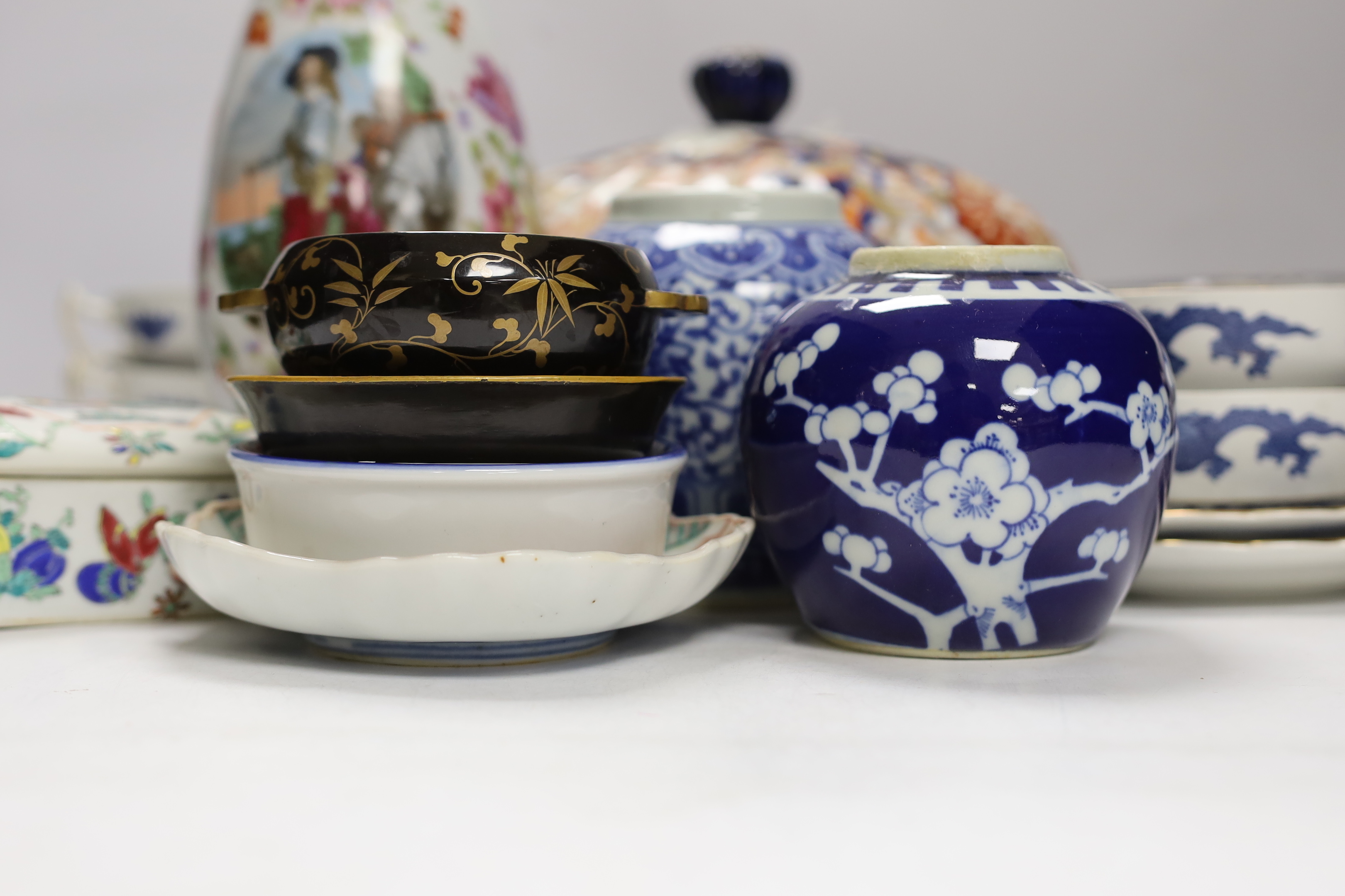 A 19th century Japanese Imari box and cover together with other Japanese, Chinese and European ceramics, largest 25cm
